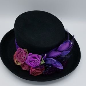 Black Hat with Silk Ribbon Floral accents